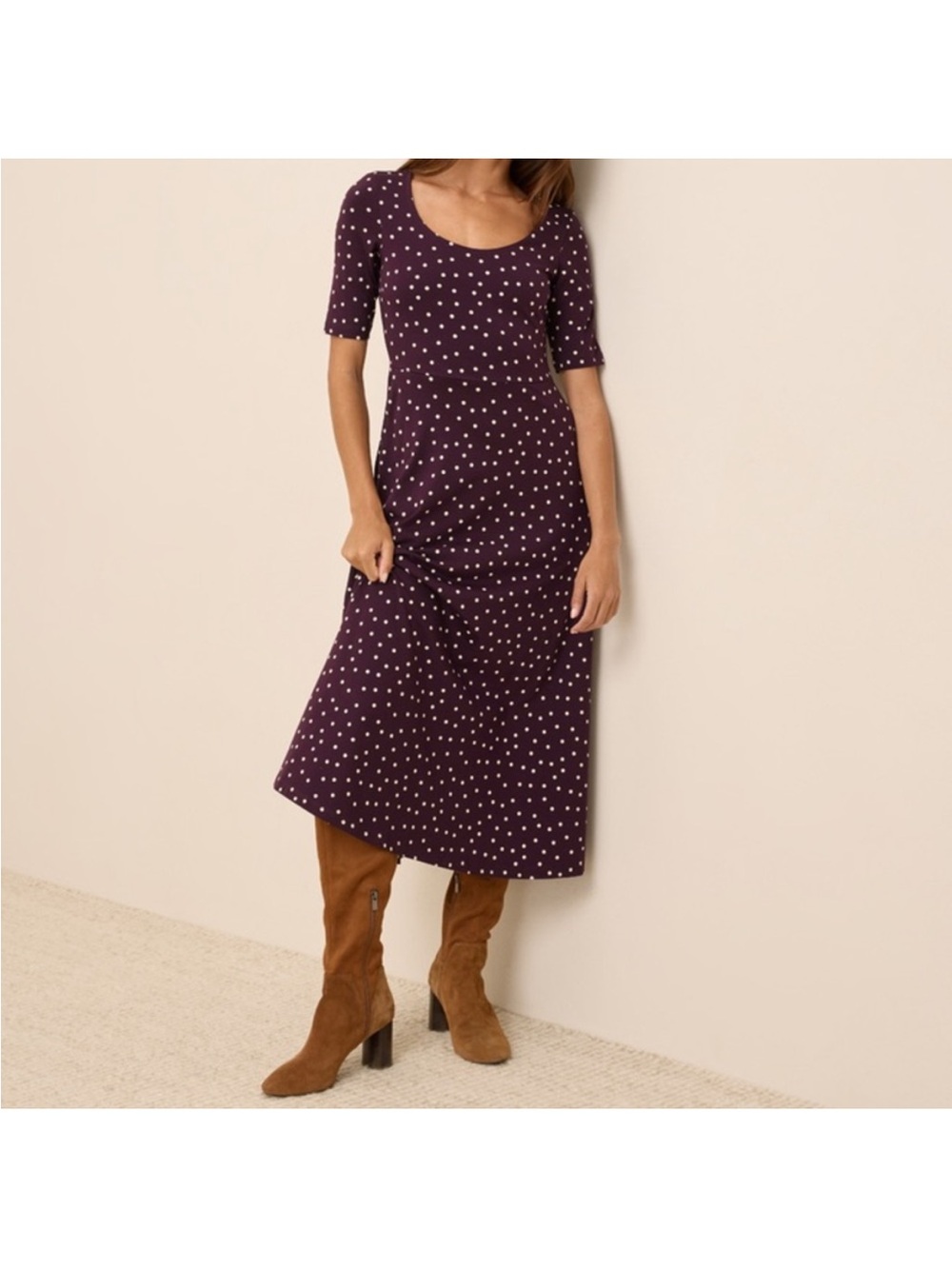 Pact Organic Berry Polka Dot Fit & Flare Signature Scoop Dress Size Small